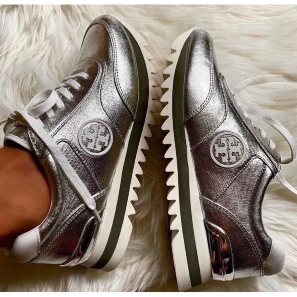 TORY BURCH SAWTOOTH LOGO SNEAKER METALIC SILVER LEATHER